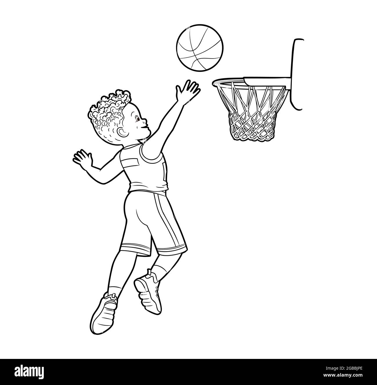 Libro para colorear deportes: Un chico de baloncesto lanza una pelota en  una cesta de baloncesto. Vector en estilo de dibujos animados, arte de  líneas en blanco y negro Imagen Vector de