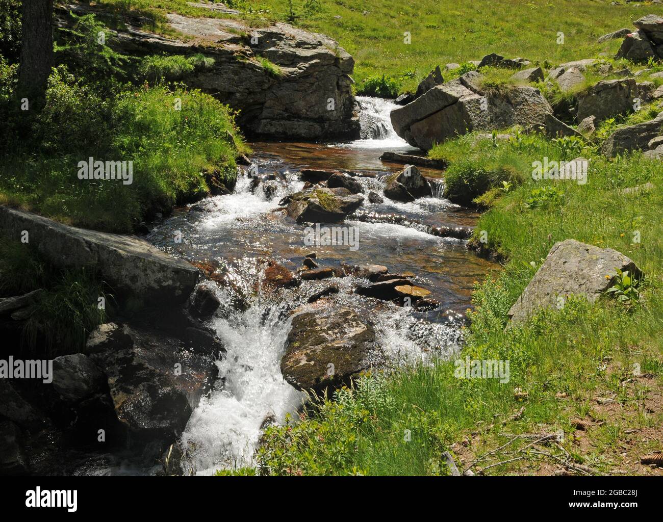 Torrente salendo da Ceresole Reale al lago di Dres nel Parco Nazionale del Gran Paradiso Foto de stock