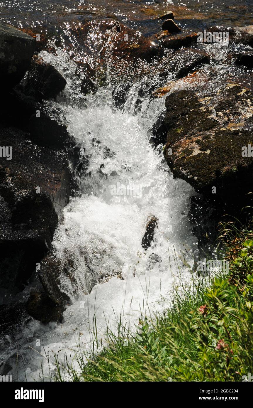 Torrente salendo da Ceresole Reale al lago di Dres nel Parco Nazionale del Gran Paradiso Foto de stock