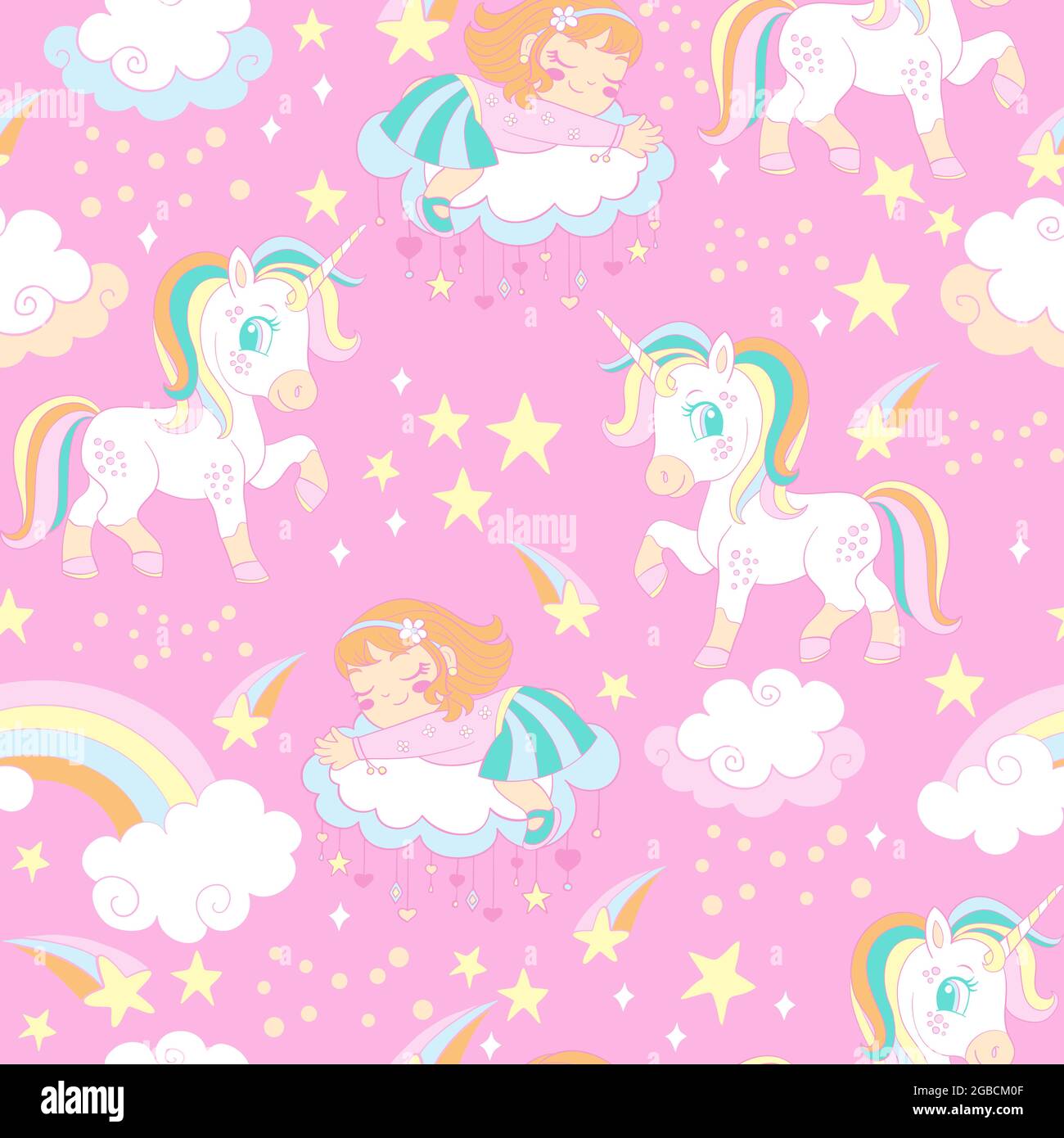 Diseño sin costuras con lindos unicornios de dibujos animados, arco iris y chica durmiendo en una nube. Ilustración vectorial en colores de moda para diseño, impresión, papel tapiz Imagen Vector de stock - Diseño sin costuras con lindos unicornios de dibujos animados, arco iris y chica durmiendo en una nube. Ilustración vectorial en colores de moda para diseño, impresión, papel tapiz Imagen Vector de stock -