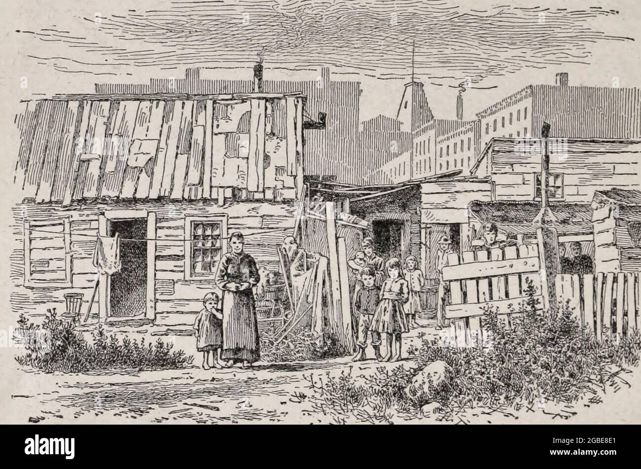 Un grupo de shanties en el barrio de la ciudad de Nueva York, alrededor de 1890 Foto de stock
