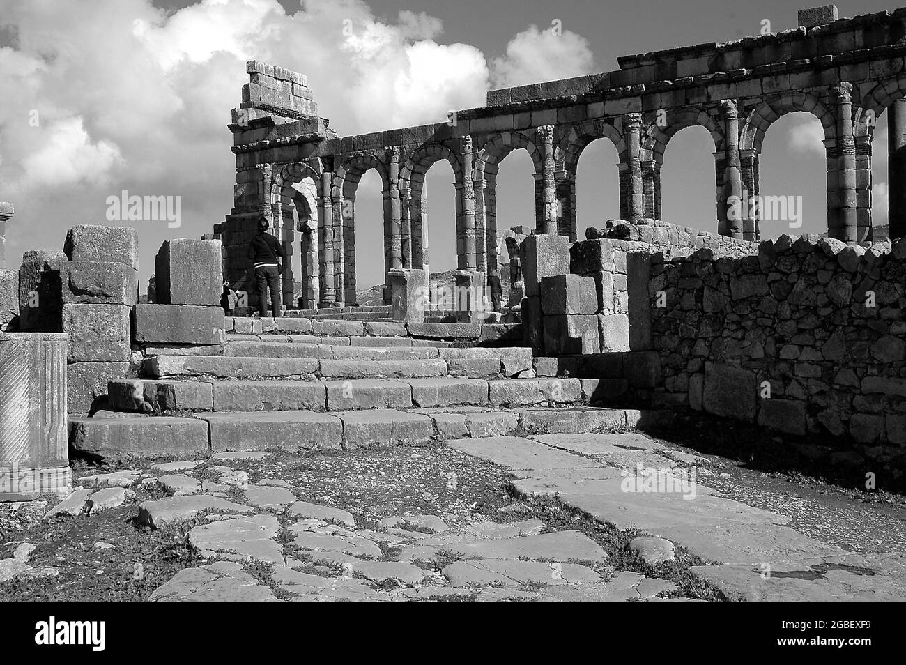 Sitio arqueológico de Volubilis en Marruecos en blanco y negro Foto de stock