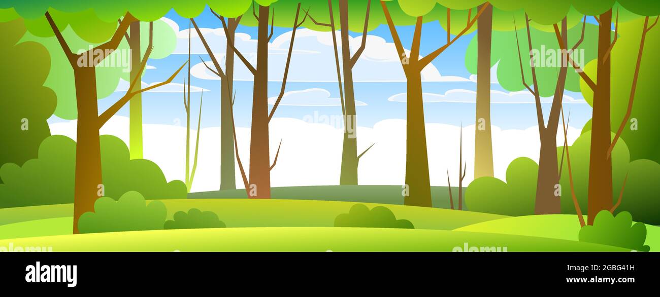 Paisaje forestal. Árboles silvestres densos con troncos altos y ramificados. Paisaje verde veraniego. Diseño plano. Estilo de dibujos animados. Vector Ilustración del Vector