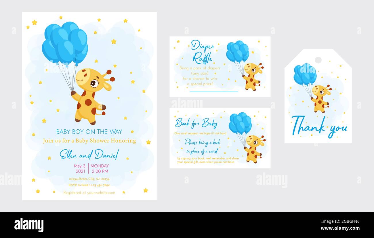 Baby Shower plantilla imprimible de la tarjeta de invitación Baby boy en el  camino con Rifa de pañales, Libro para bebé y etiqueta de agradecimiento.  Conjunto de invitación con lindo Imagen Vector