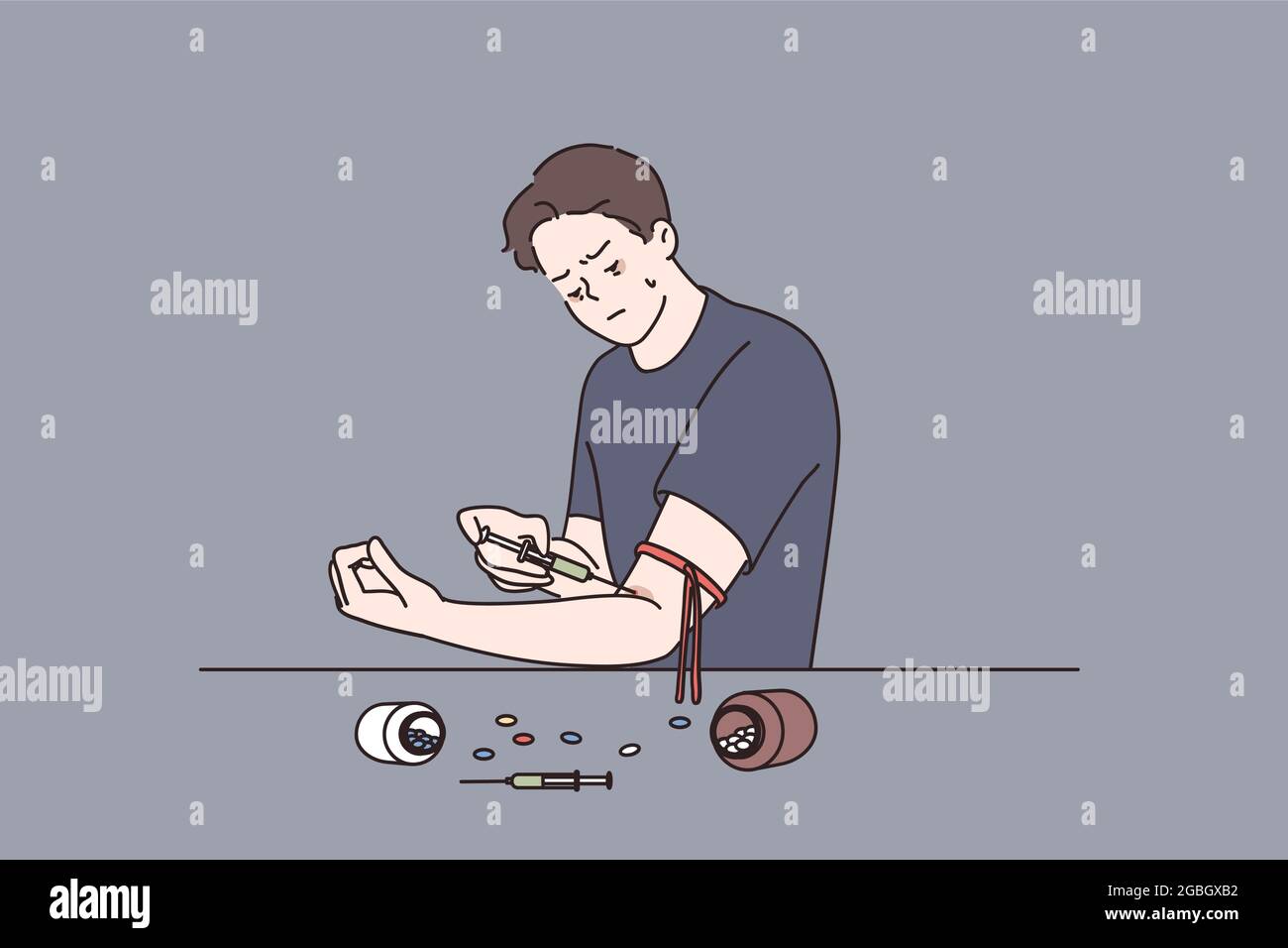 Concepto de adicción a las drogas y peligro para la salud. Personaje de  dibujos animados de un joven enfermo con jeringa y píldoras médicas  Ilustración vectorial Imagen Vector de stock - Alamy