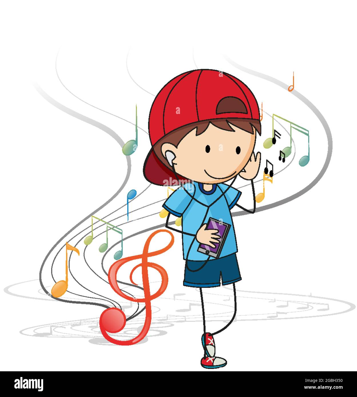 Dibujo animado de un niño escuchando música con símbolos de melodía musical  Imagen Vector de stock - Alamy