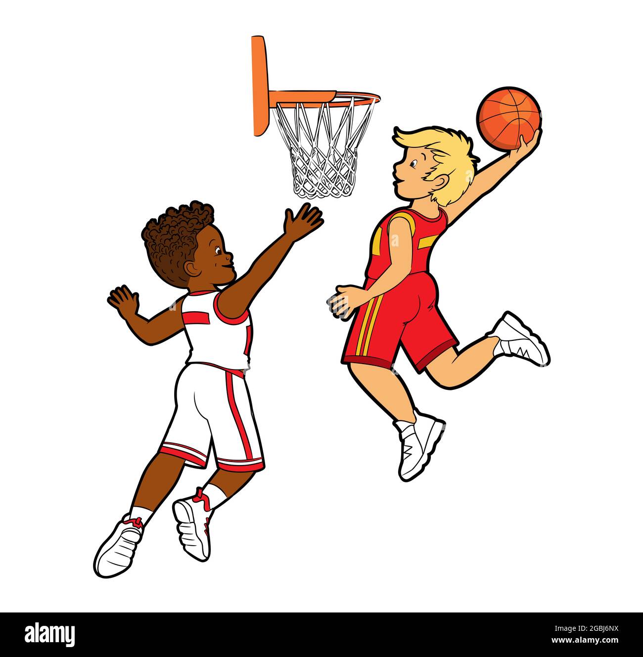 Dos jóvenes adolescentes jugadores de baloncesto arrojan la pelota en una  canasta de baloncesto. Vector en estilo de dibujos animados, dibujo de  contorno para niños Imagen Vector de stock - Alamy