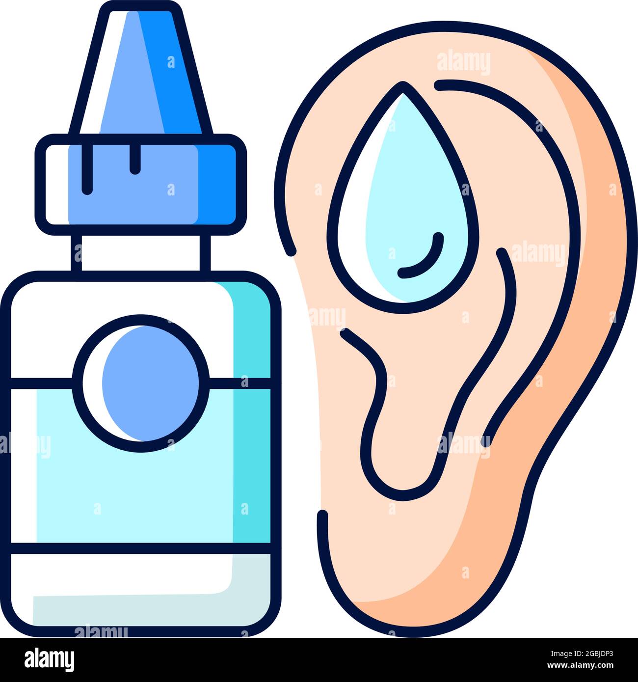 Icono de color RGB de gotas de oído. Eliminación de cerumen. Infecciones  del oído, prevención de inflamaciones. Tratamiento de otitis media aguda.  Reducir el malestar, el dolor. Aislado Imagen Vector de stock -