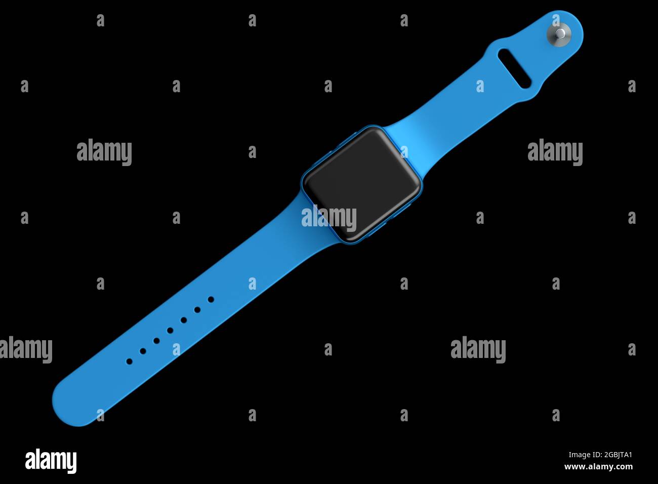 Reloj inteligente de acero inoxidable con correa de cuero azul aislada sobre fondo negro. 3D Concepto de renderizado de dispositivo portátil de salud y fitness tracker Foto de stock