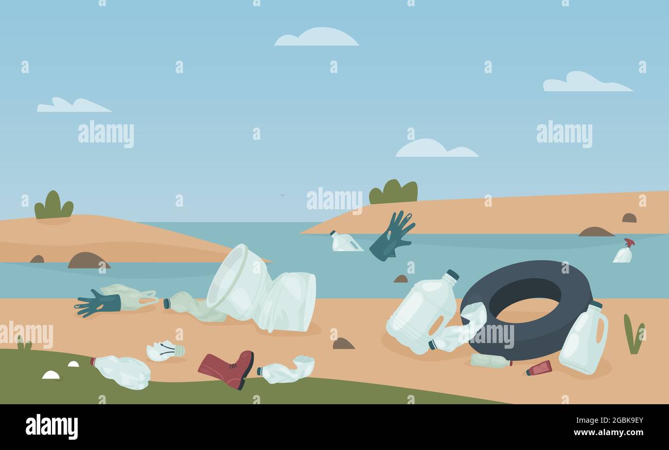 Basura en la playa, peligro problema para la ilustración de vectores  ecológicos. Botellas de plástico de dibujos animados y paquetes de bolsas,  zapatos, guantes contaminan la zona del río, basura en el