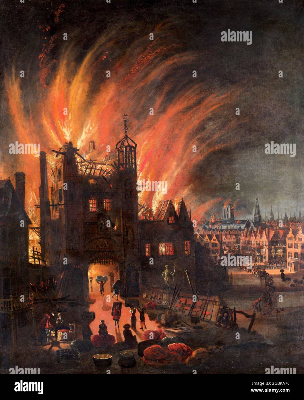 El Gran Fuego de Londres, anoymoso, óleo sobre lienzo, c. 1670 Foto de stock