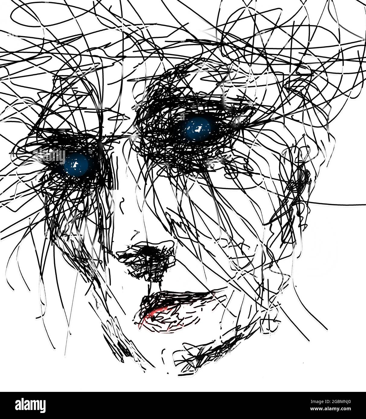 Dibujo de una mujer poseída, aterradora, insana, loca. Esta es una