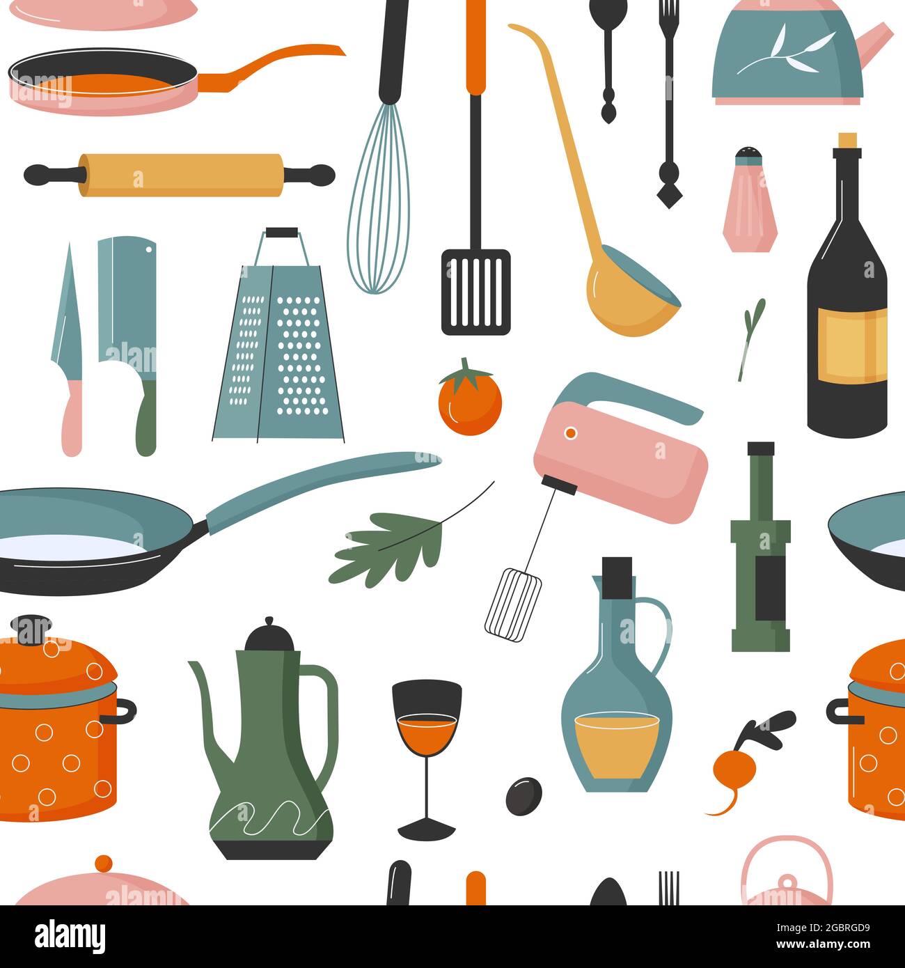 Utensilios de cocina para cocinar sin costuras patrón de ilustración  vectorial. Dibujos animados cute menaje del hogar equipo chef para cocinar  alimentos, sartén, botella, alfiler y cazo sobre fondo blanco Imagen Vector