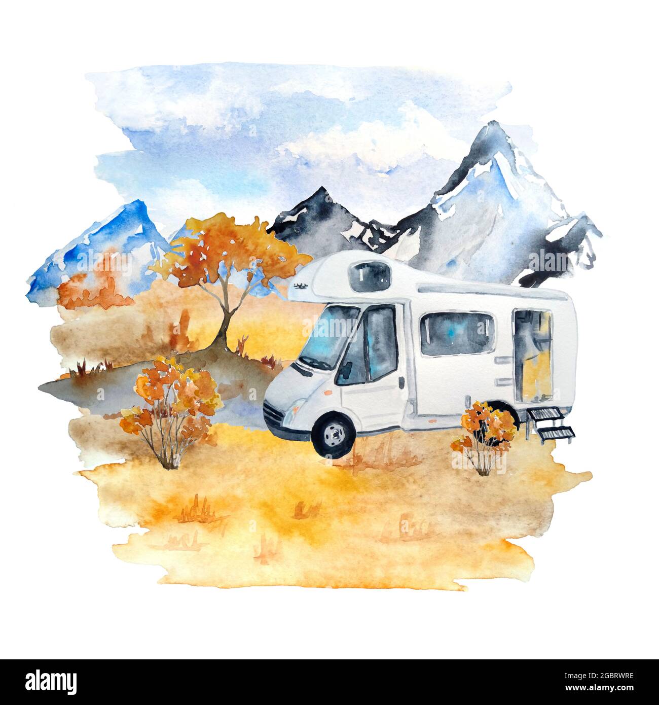 Acuarela ilustración dibujada a mano con otoño paisaje con montañas cielo arbustos de hierba naranja y camioneta remolque, tienda de turismo. Turismo actividades de camping al aire libre. Naturaleza forestal salvaje septiembre octubre Foto de stock