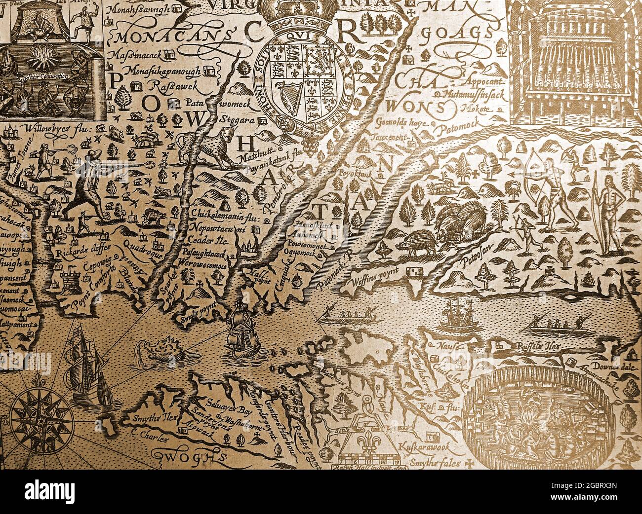Un mapa detallado de principios del siglo 17th del estado estadounidense de Virginia con nombres originales de lugares, nombres nativos indios y ortografía original. Foto de stock