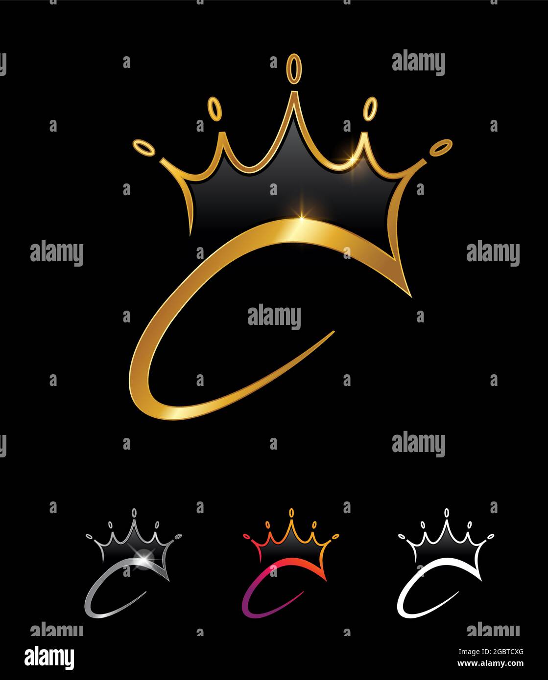 Un conjunto de ilustración vectorial de la letra inicial C de la corona del monograma de oro sobre fondo negro con efecto de brillo dorado para el logotipo y el signo de lujo Ilustración del Vector