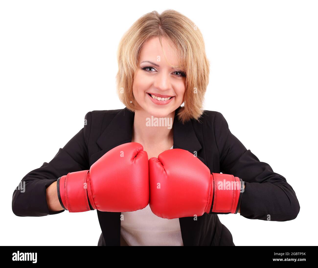 Delgado hipoteca Adepto Hermosa joven mujer de negocios con guantes de boxeo aislado en blanco  Fotografía de stock - Alamy