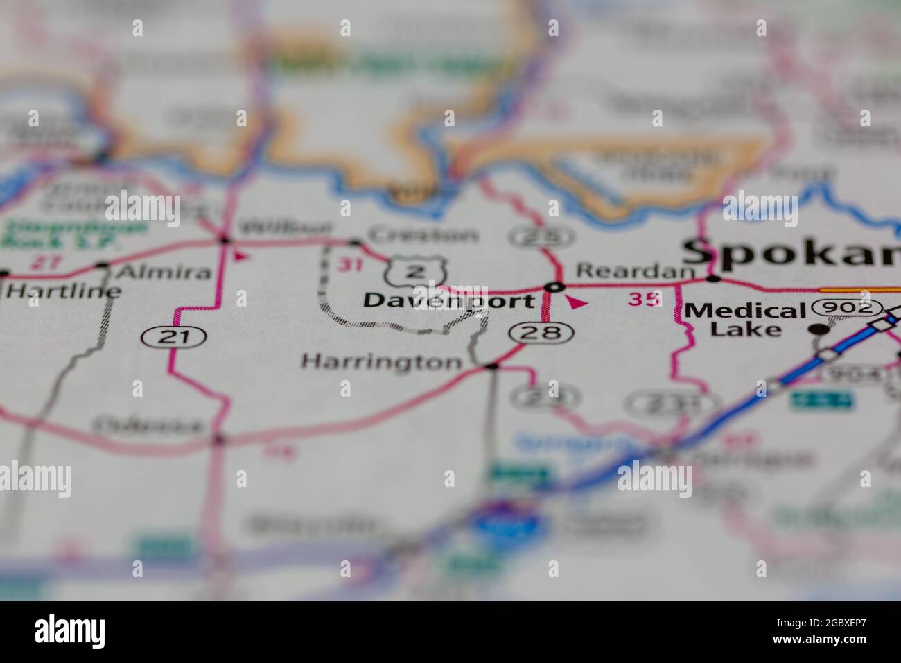 Davenport Washington State USA se muestra en un mapa de carreteras o en