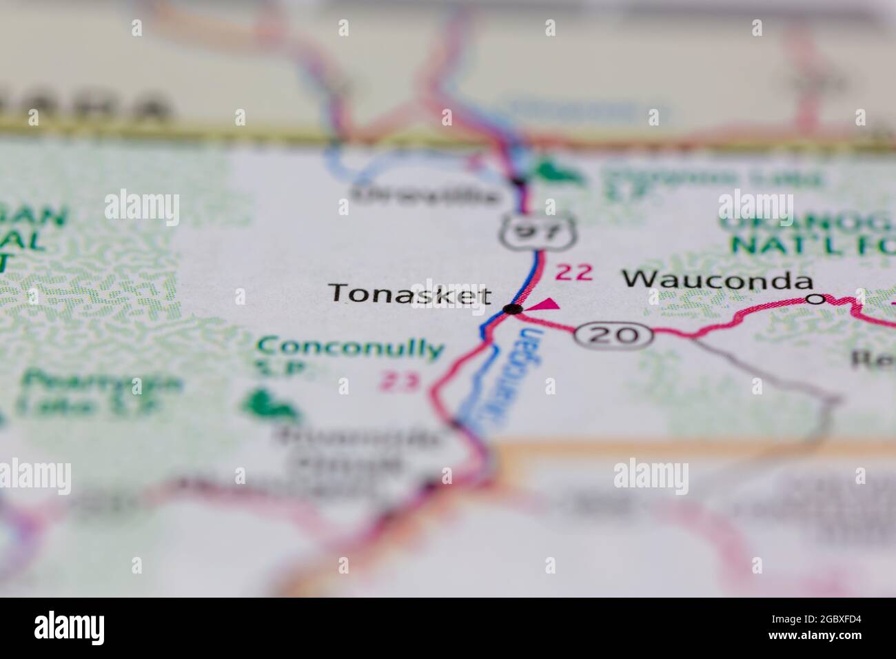 Tonasket Washington State USA mostrado en un mapa de carreteras o mapa
