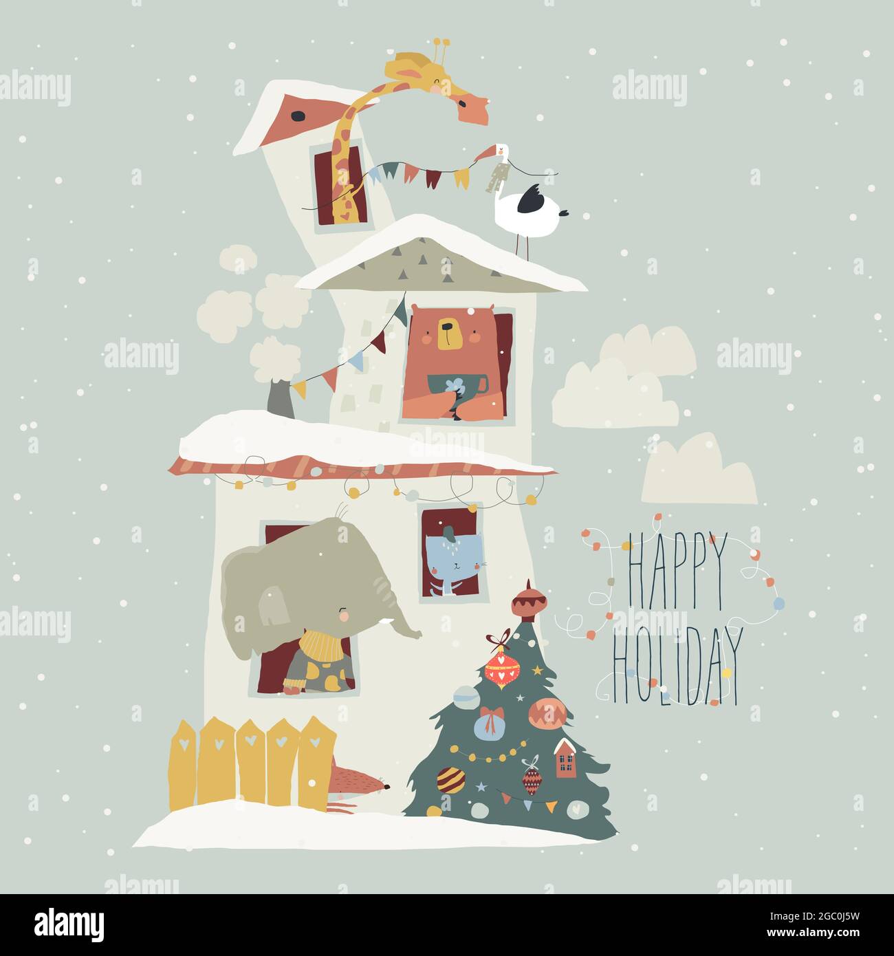 Lindos Animales Vecinos celebrando las vacaciones de invierno en Big House Ilustración del Vector
