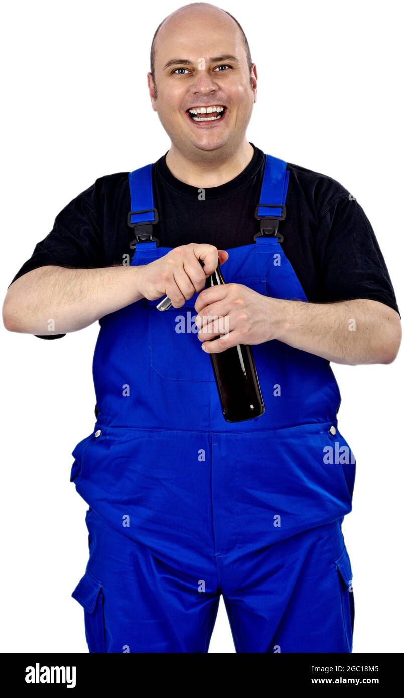 trabajador de cuello azul con cerveza después del trabajo Foto de stock