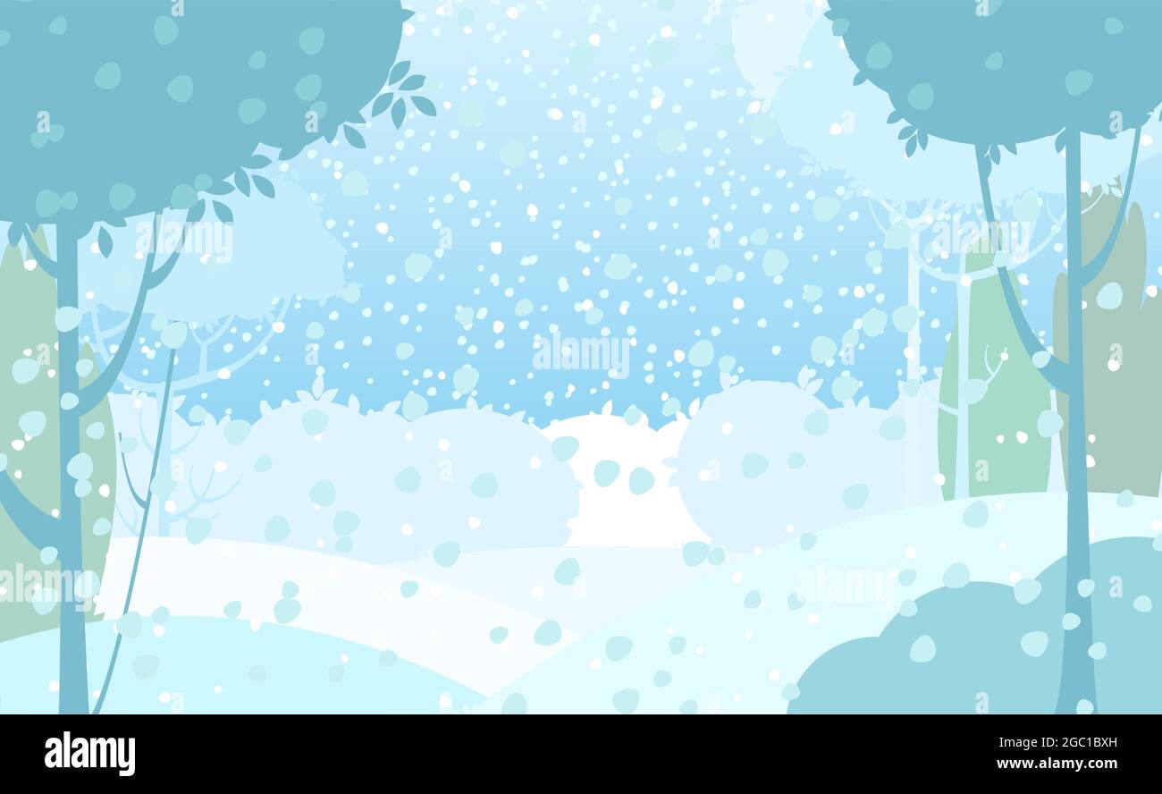 Invierno rural. Hermoso paisaje nevado. Estilo de dibujos animados.  Snowdrifts. Colinas y árboles. Nieve. Frío helado. Belleza romántica.  Ilustración de diseño plano Imagen Vector de stock - Alamy
