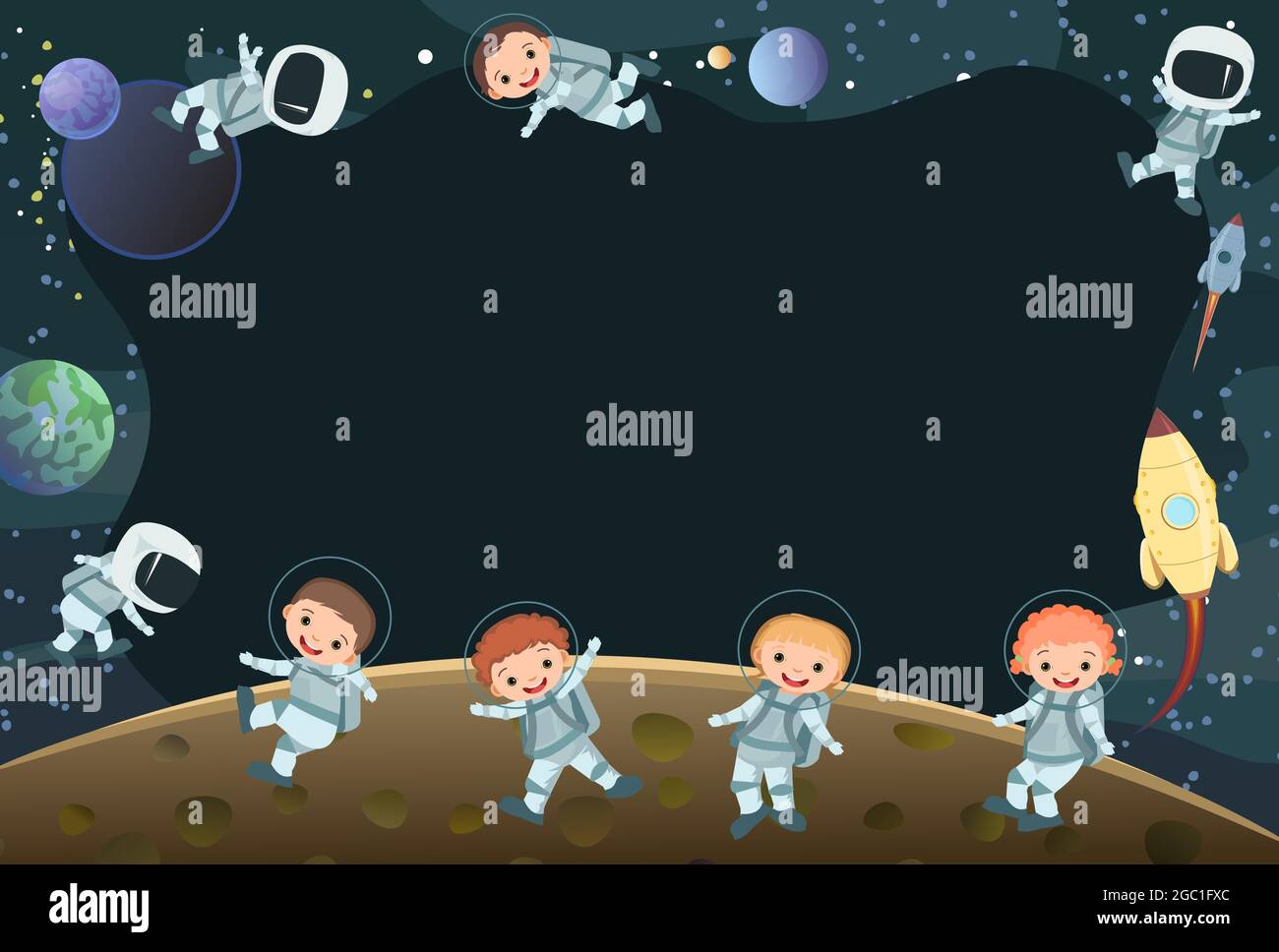 Astronautas niños en los trajes espaciales. Marco. Fondo del Cosmos.  Planetas. Ilustración para niños. Paisaje de cielo estrellado. Colores  oscuros. Estilo plano. Dibujos animados Imagen Vector de stock - Alamy