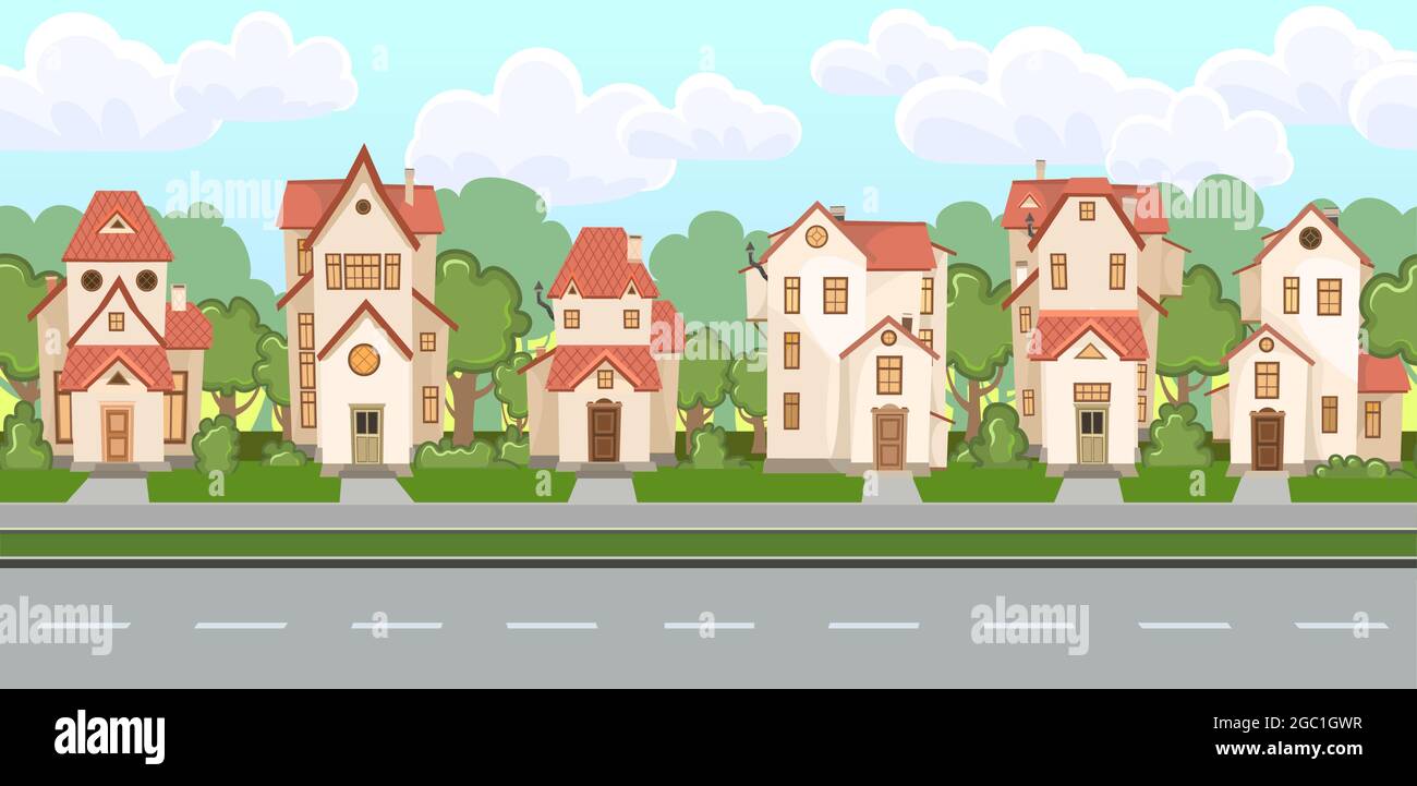 Calle. Casas de dibujos animados con una carretera. Marcas de carretera. Pueblo o ciudad. Sin costuras. Una hermosa y acogedora casa de campo en un estilo europeo tradicional. Árboles Ilustración del Vector