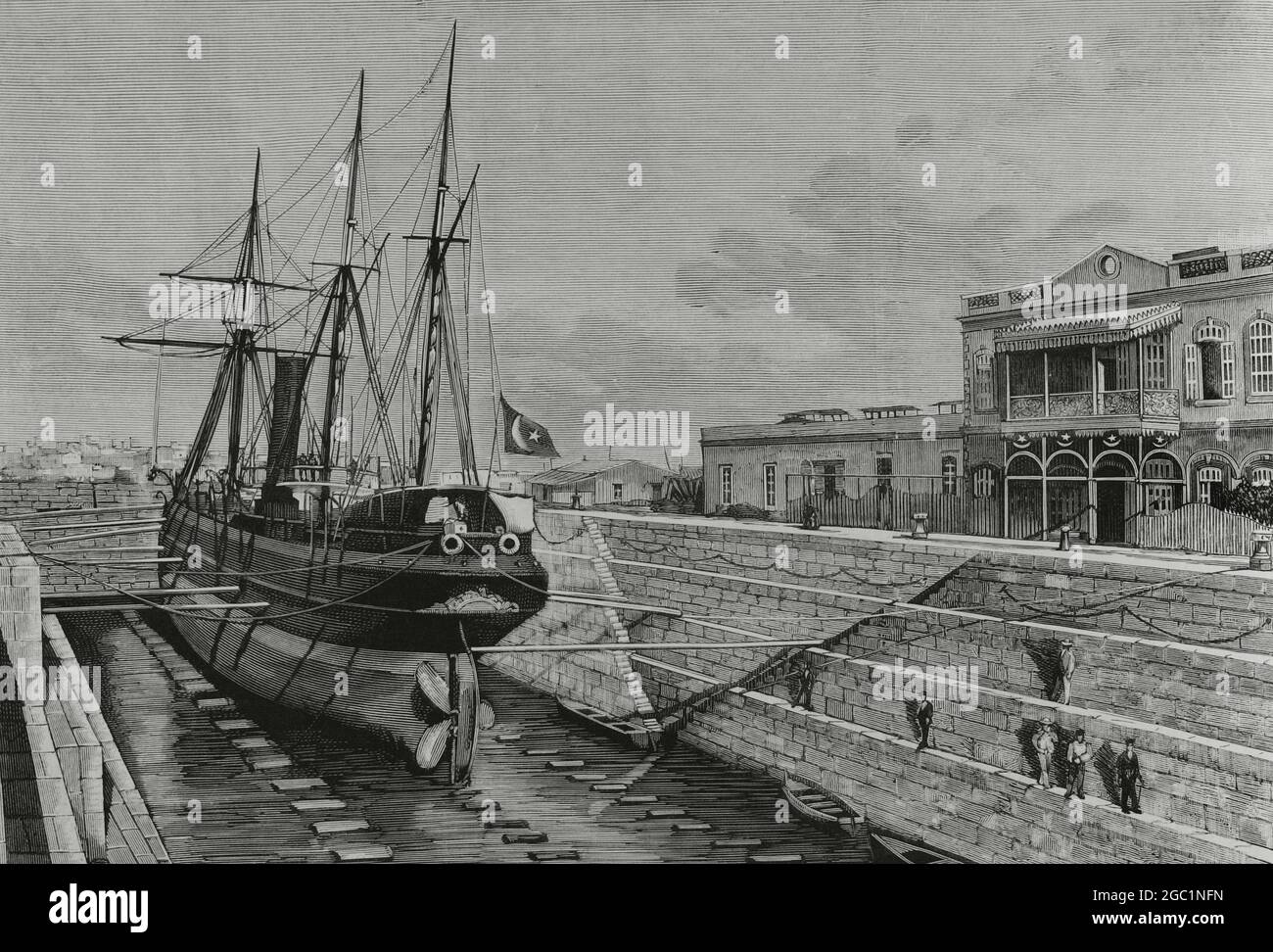 Egipto, Suez. Muelle seco, construido por el gobierno egipcio. Dibujo de A. de Caula. Grabado. La Ilustración Española y Americana, 1882. Foto de stock