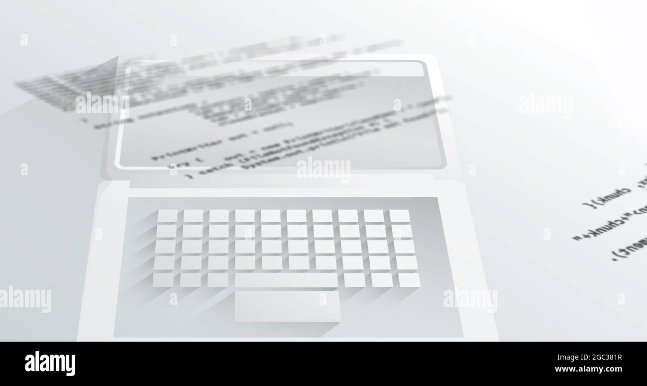 Imagen digital del procesamiento de datos de ordenador contra ordenador portátil sobre fondo blanco Foto de stock
