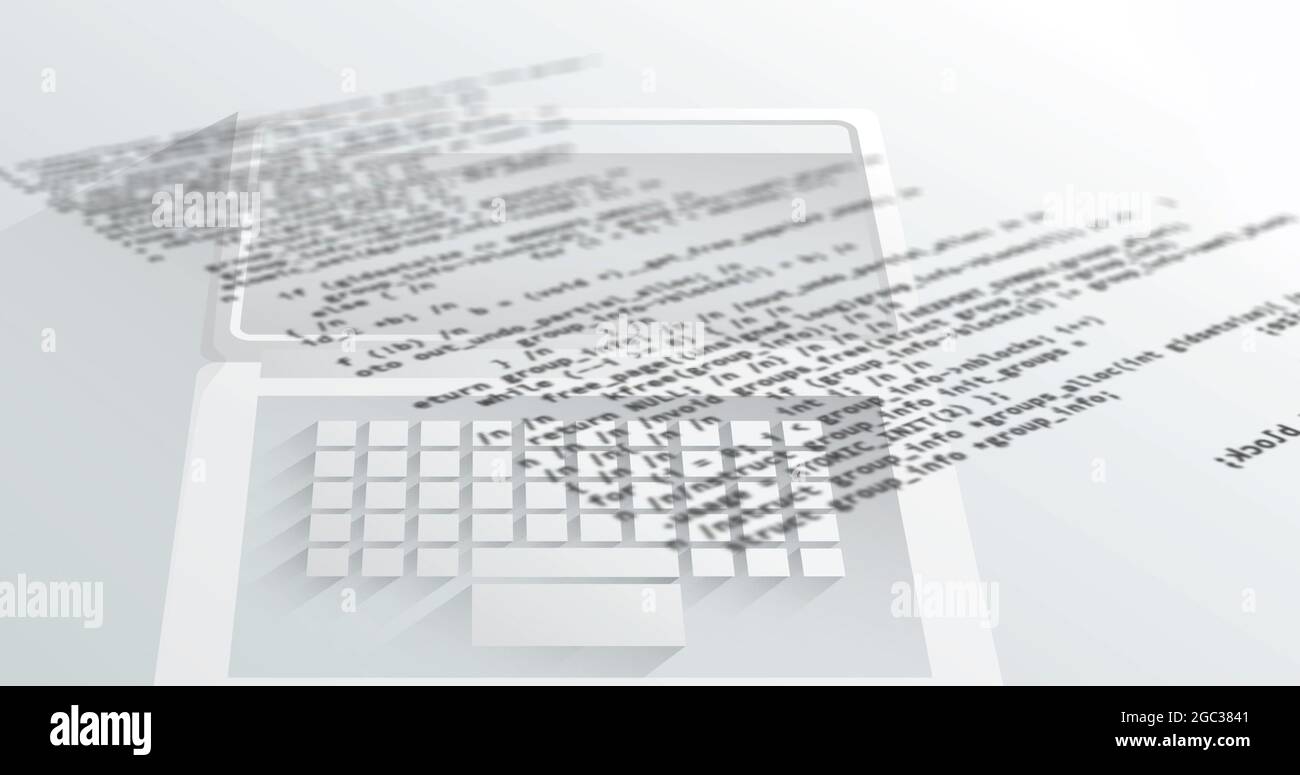Imagen digital del procesamiento de datos de ordenador contra ordenador portátil sobre fondo blanco Foto de stock