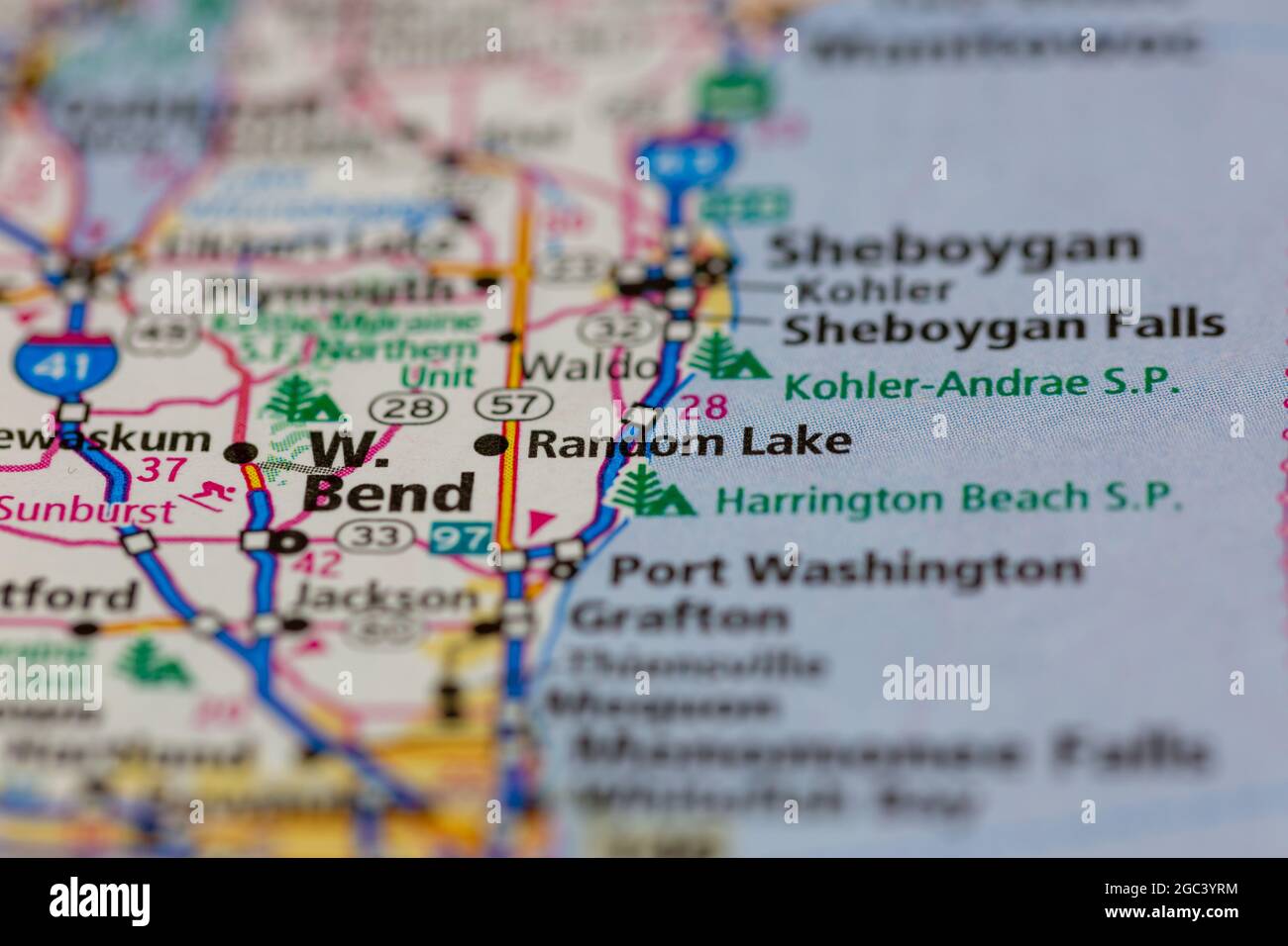 Random Lake Wisconsin USA se muestra en un mapa de carreteras o mapa