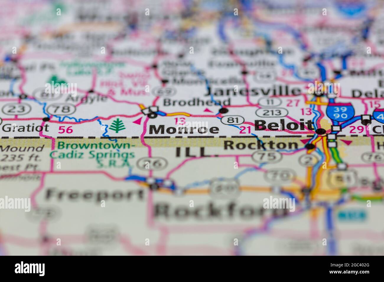 Monroe Wisconsin USA se muestra en un mapa de carreteras o mapa