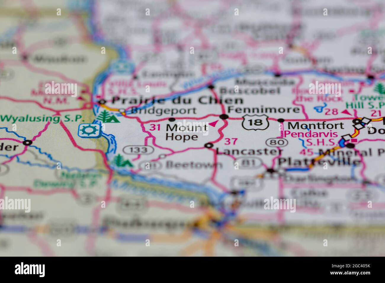 Mount Hope Wisconsin USA se muestra en un mapa de carreteras o mapa