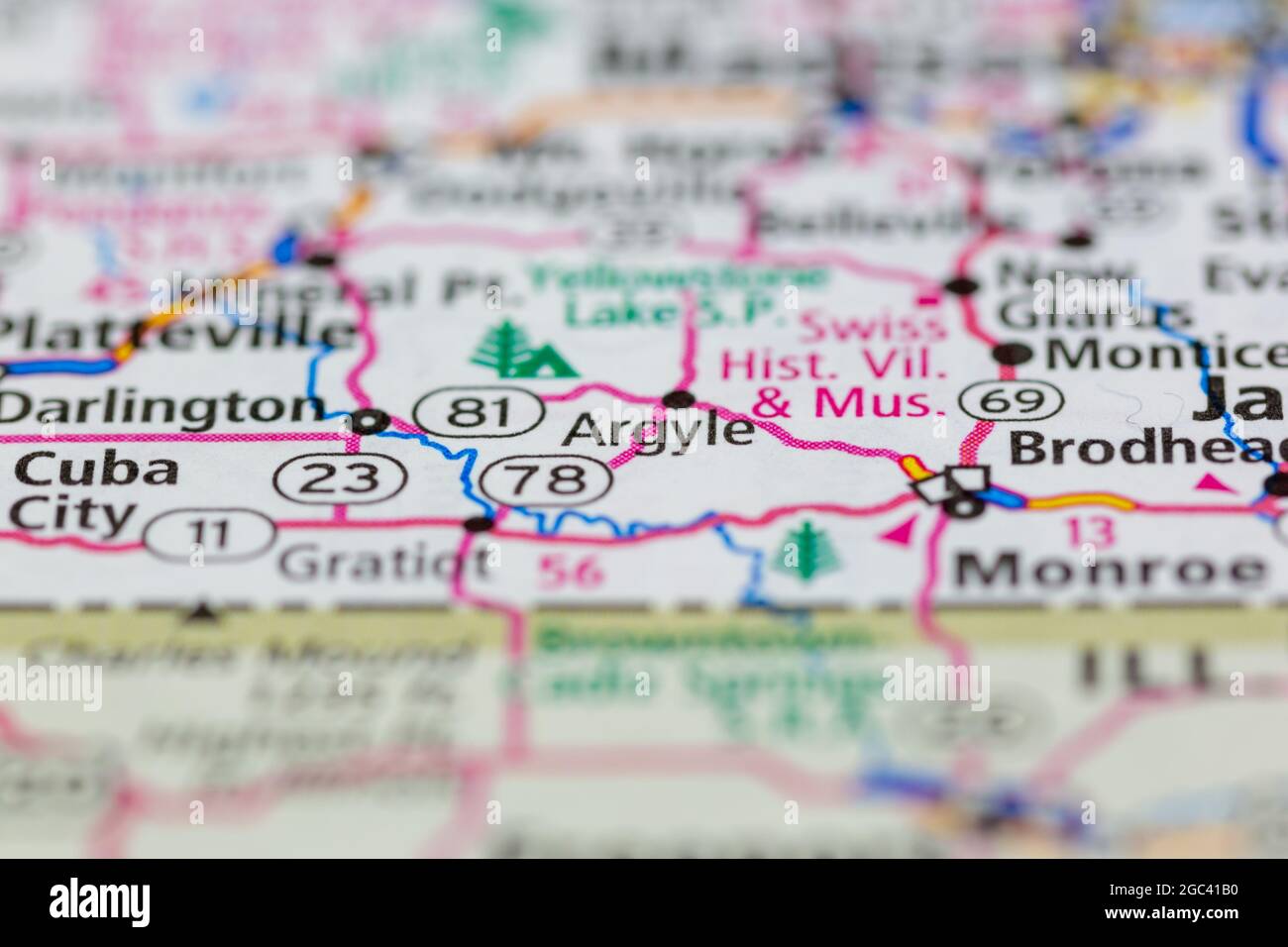 Argyle Wisconsin USA se muestra en un mapa de carreteras o mapa