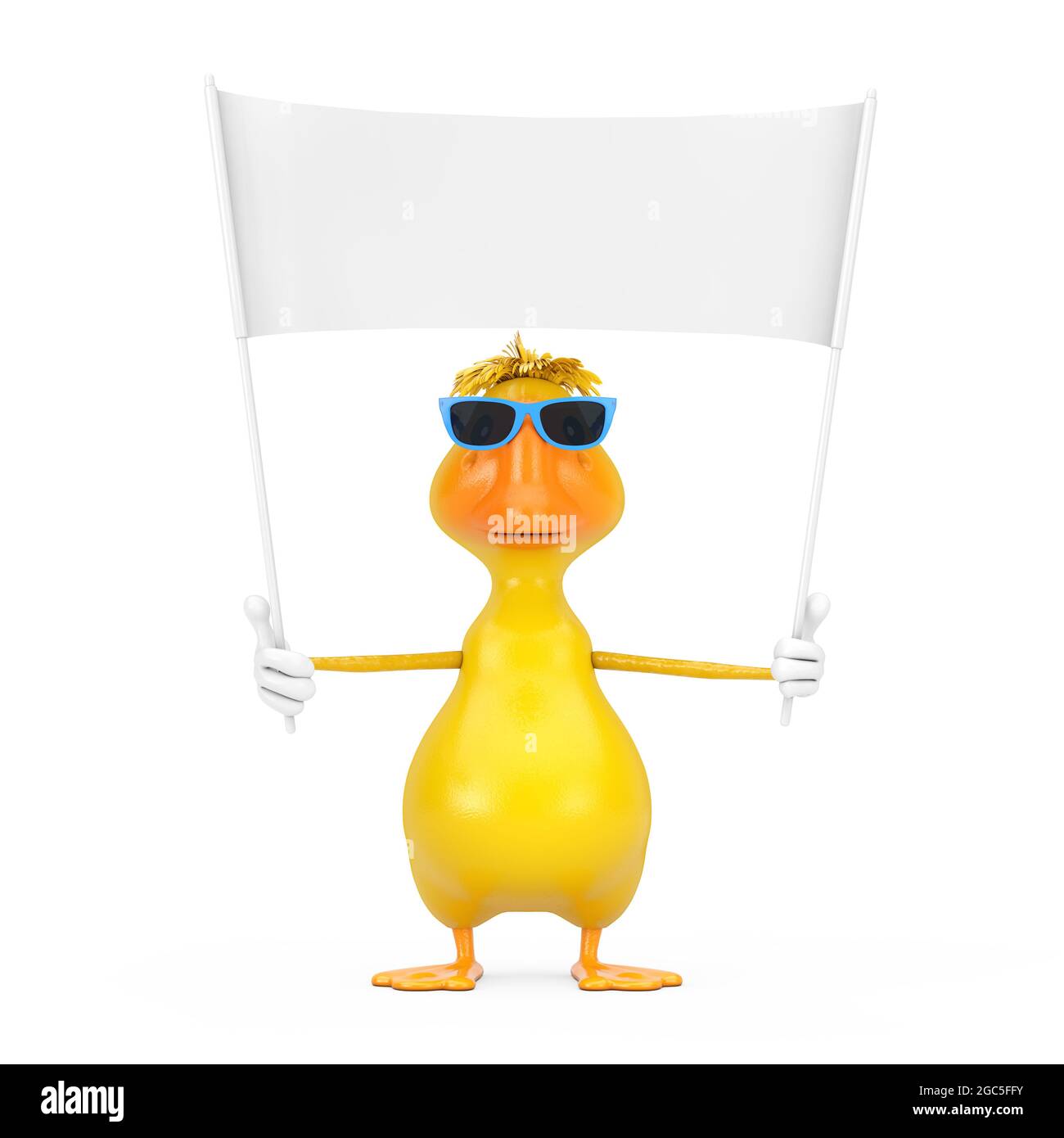 Lindo personaje amarillo Cartoon Duck Persona Mascota y Blanco Vacío Banner en blanco con espacio libre para su diseño sobre un fondo blanco. 3D Representación Foto de stock