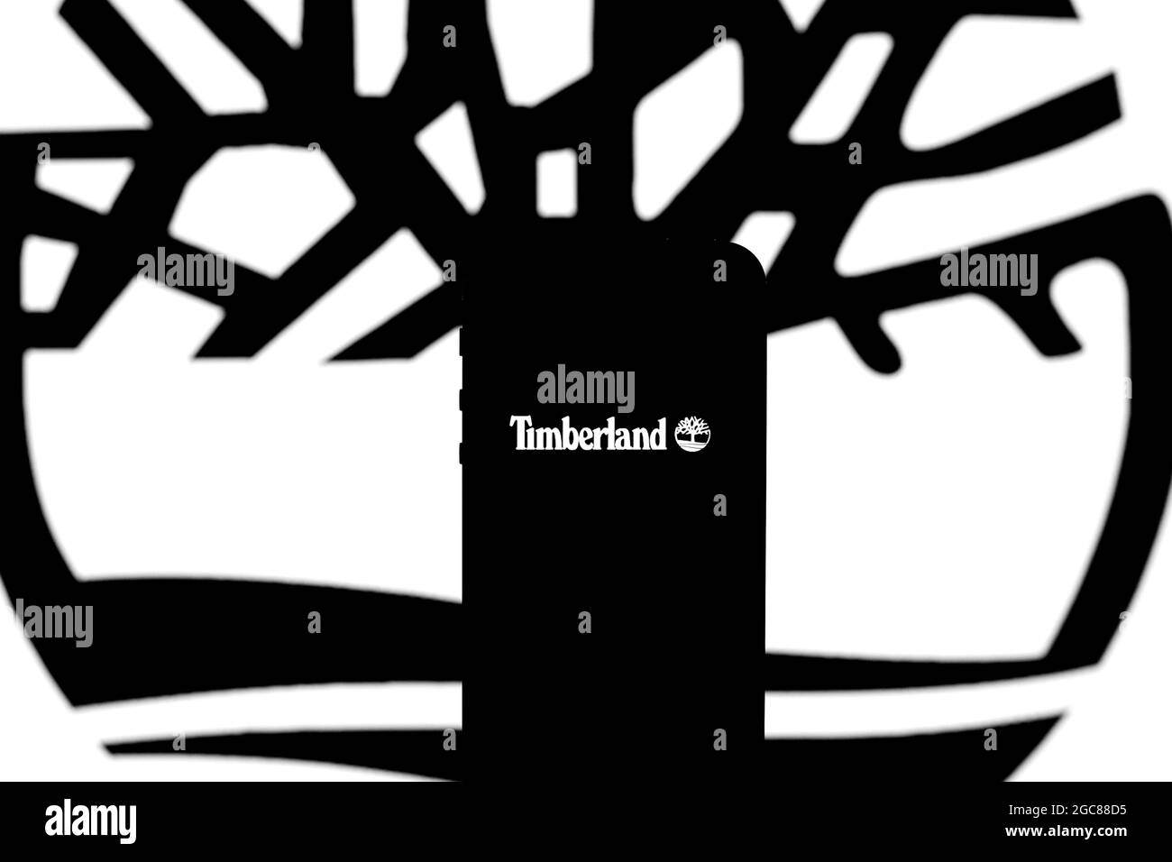 Barcelona, Cataluña, España. 6th de agosto de 2021. En esta ilustración de  la foto, aparece un logotipo de Timberland en un smartphone con un logotipo  de Timberland en el fondo. (Imagen de