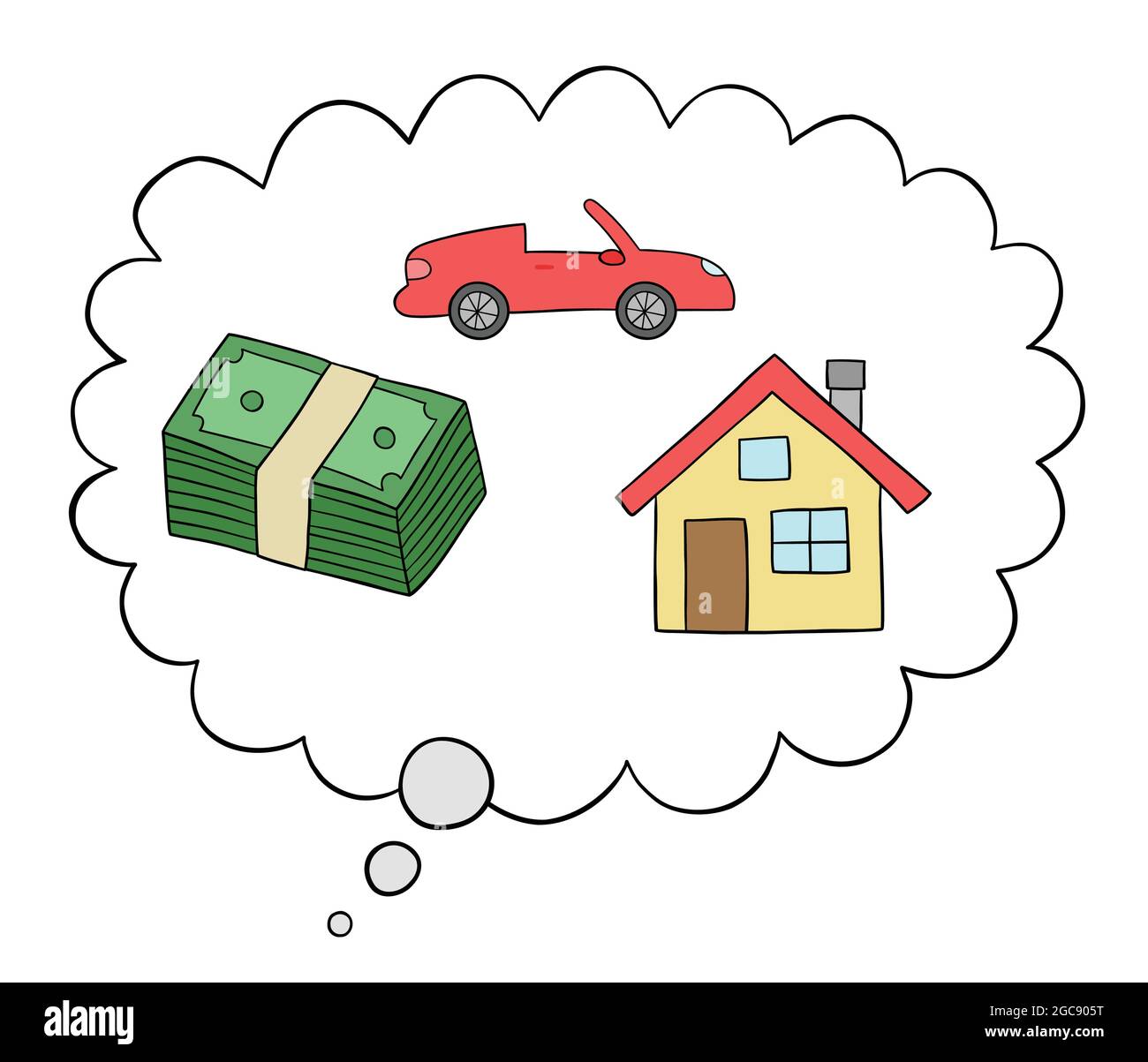 Dibujos animados hombre sueños de dinero, casa y coche de lujo