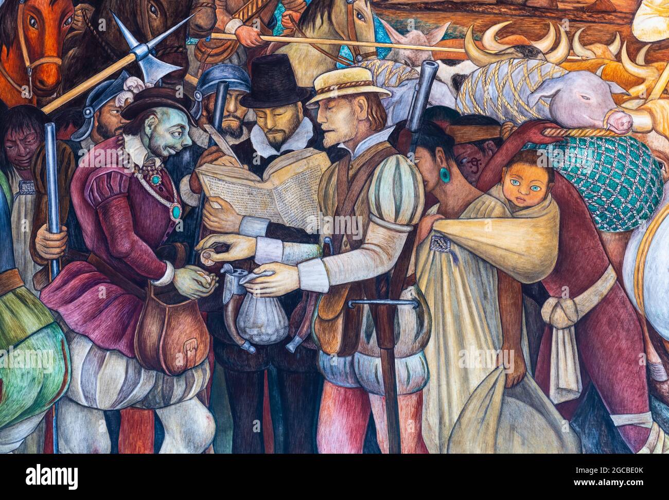 Llegada de Hernan Cortes a Veracruz con ojos azules mestizos bebé y sífilis  enferma Hernan Cortes, mural Diego Rivera, Palacio Presidencial, Ciudad de  México Fotografía de stock - Alamy