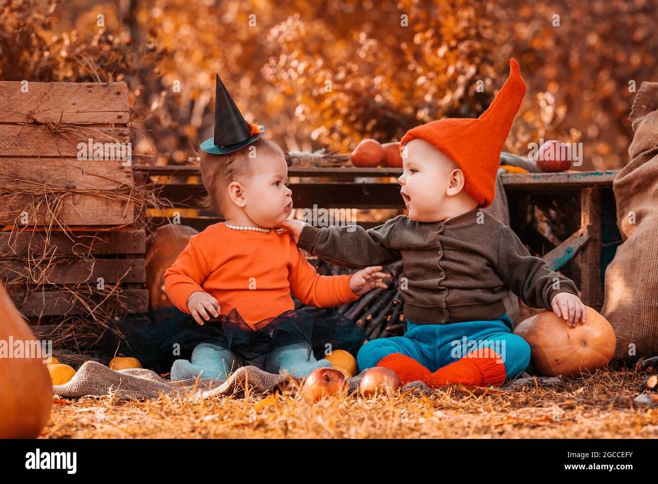 Halloween. Un niño con un traje enano y una niña con un traje de bruja,  rodeado de calabazas y decoración agrícola. Niño preescolar. Primer plano  Fotografía de stock - Alamy