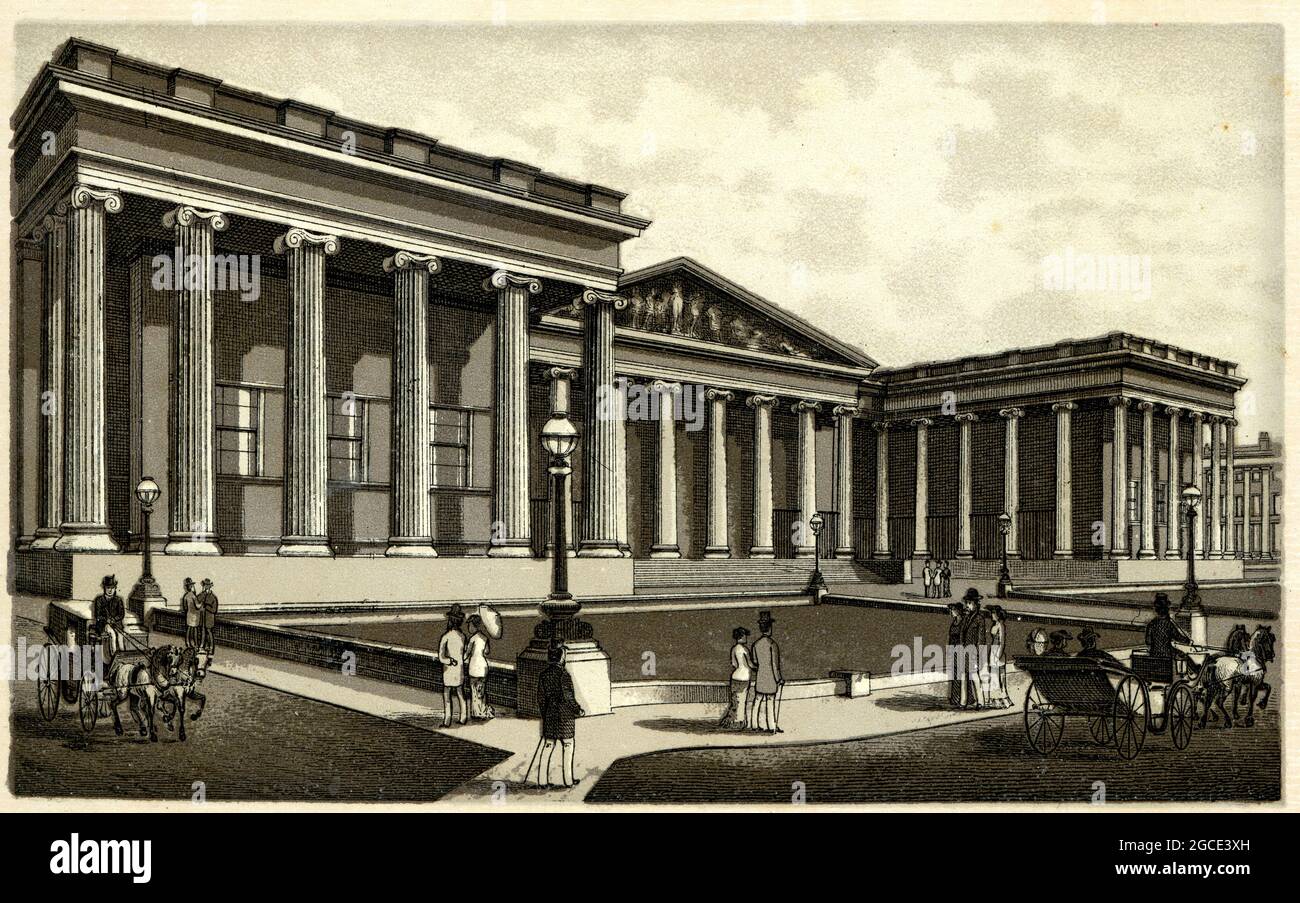 Grabado vintage del Museo Británico a finales del siglo 19th. El Museo Británico es un museo dedicado a la historia humana, el arte y la cultura, ubicado en Foto de stock