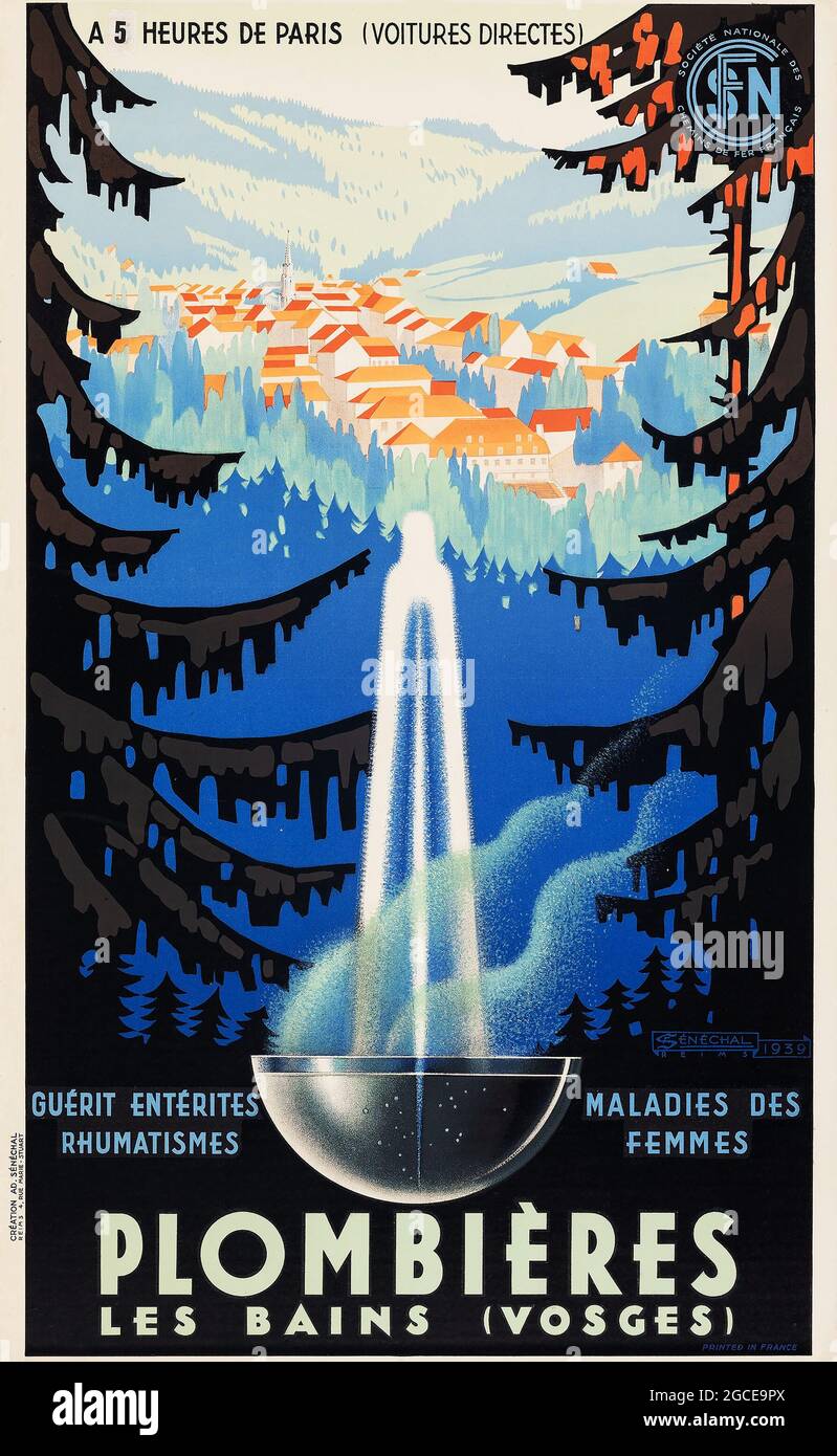 Plombieres Les Bains (1939), Francia (Sociedad Nacional de Ferrocarriles Franceses) Arte de Adrien Senechal. Foto de stock