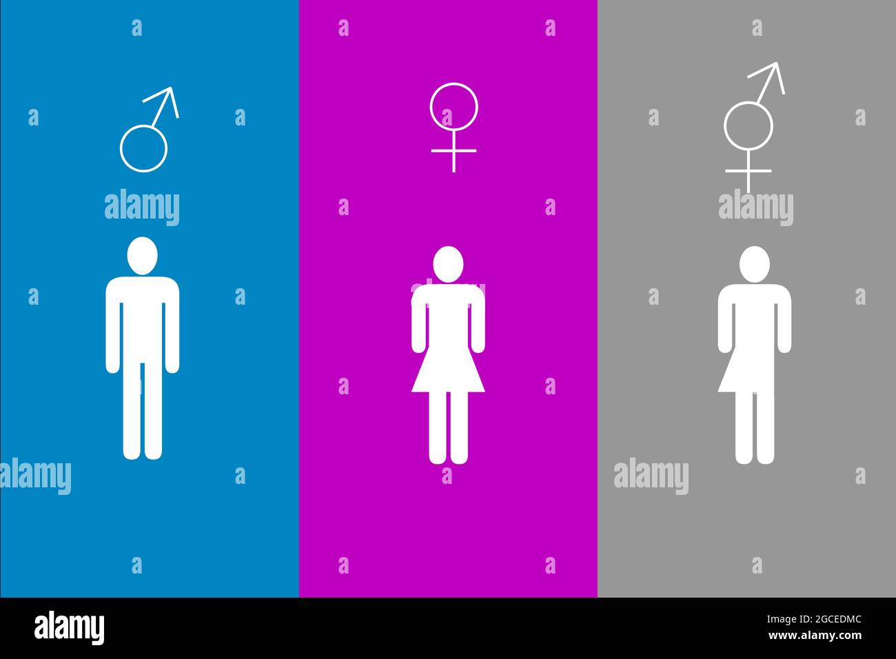 Ilustración de tres signos de género que se distinguen por figuras y