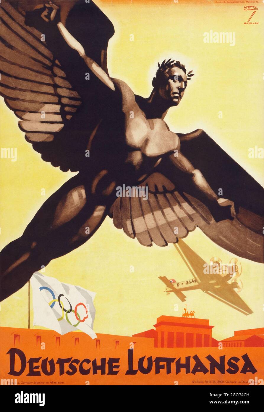 Cartel de viaje vintage – ALEMANIA – Anuncio retro para los Juegos Olímpicos de Berlín 1936 - Deutsche Lufthansa. Hombre con alas sobre un estadio con bandera olímpica. Foto de stock