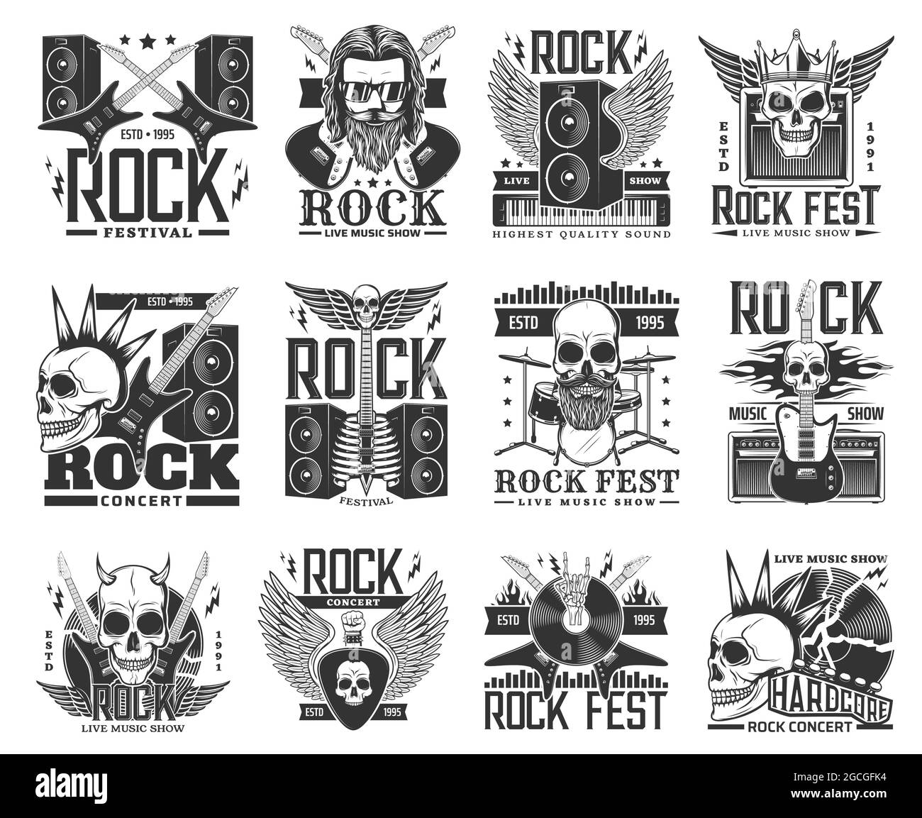 Iconos y símbolos de vector de música rock con guitarras, calaveras y