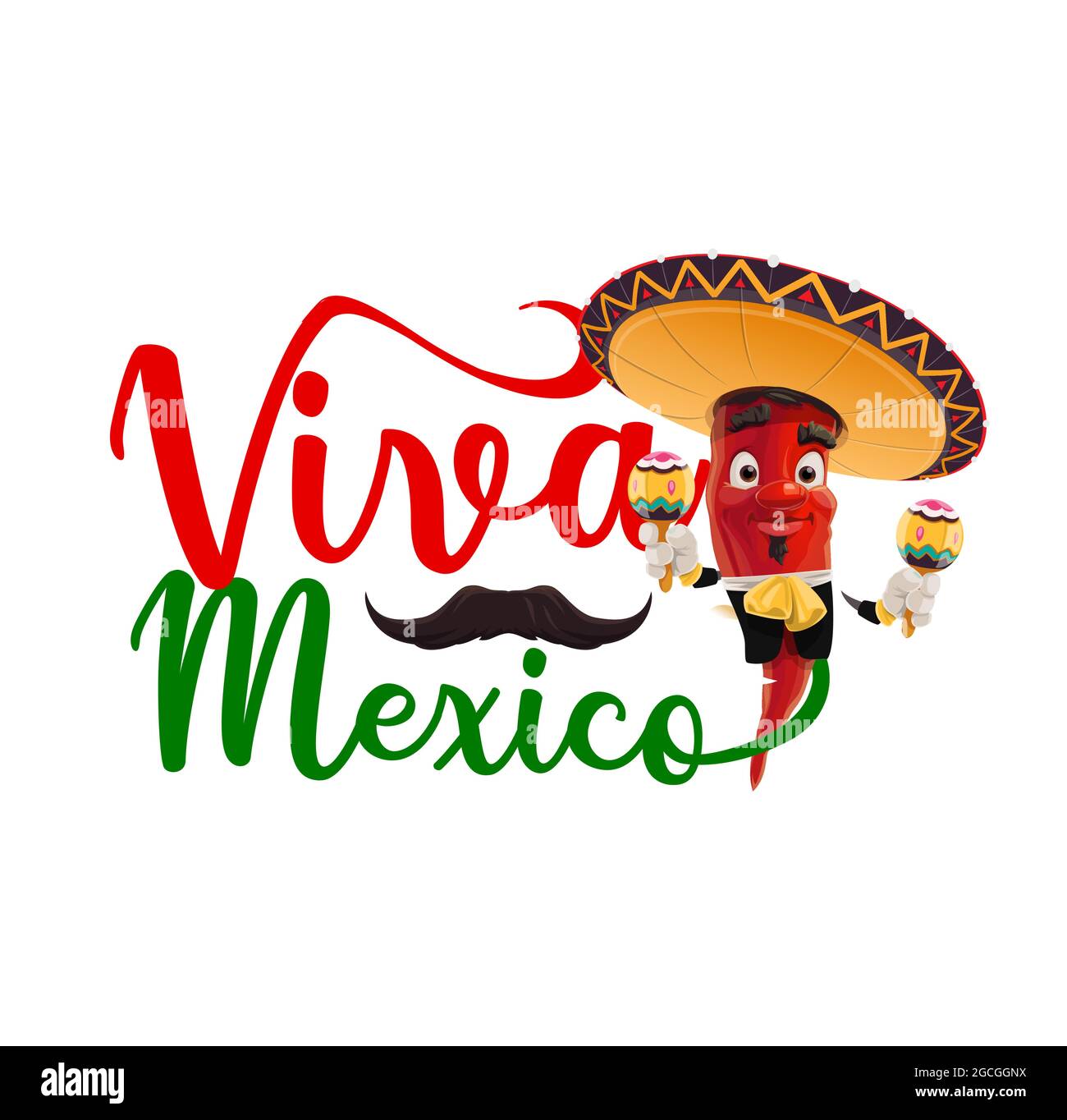 Viva México, pimiento mariachi de dibujos animados. Carácter de músico de  chile rojo de vacaciones mexicanas con sombrero de sombrero, maracas y  bigotes negros, chaqueta de mariachi Imagen Vector de stock -