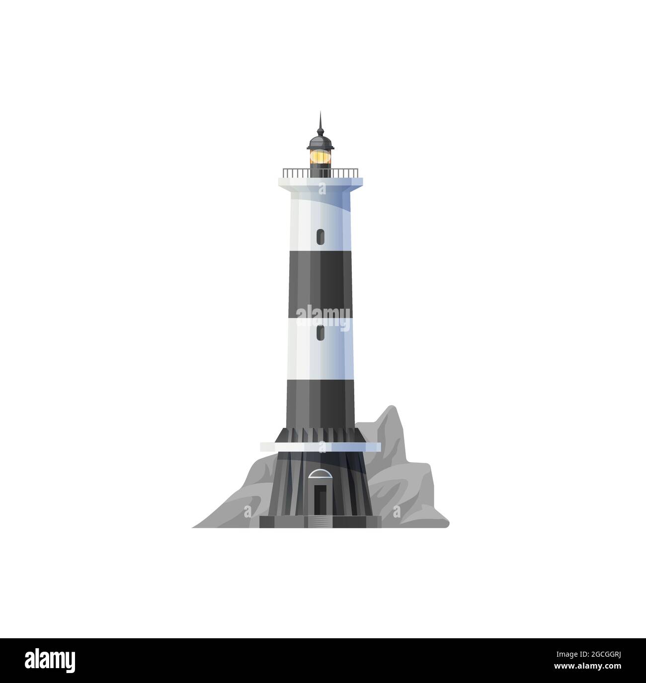 Faro icono vectorial, faro o faro de luz del mar y la torre de la costa en las rocas. Faro de luz para la navegación de los buques y la seguridad de la navegación marítima, el mar harbo Ilustración del Vector