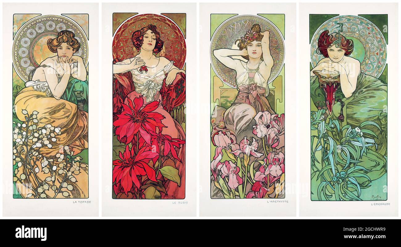 Art Nouveau de Alphonse Mucha. Les Pierres Précieuses 1900. (Piedras preciosas). Mejorado digitalmente. Foto de stock