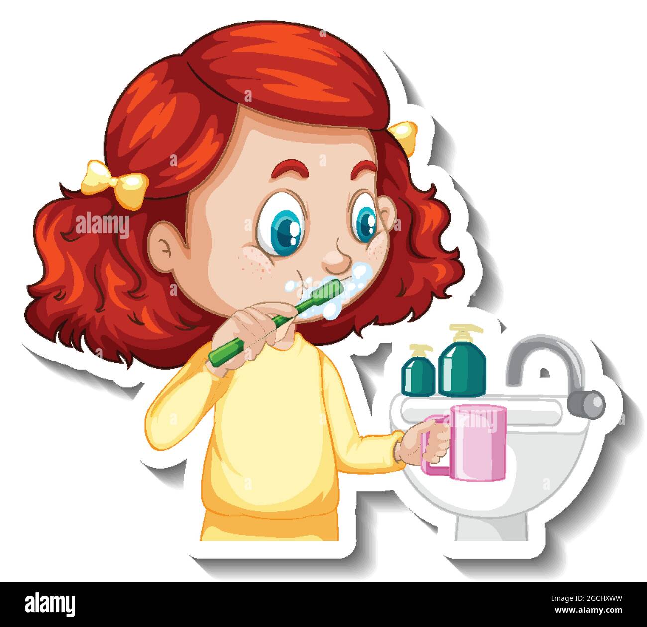 Caricatura caricatura etiqueta con una niña cepillando los dientes