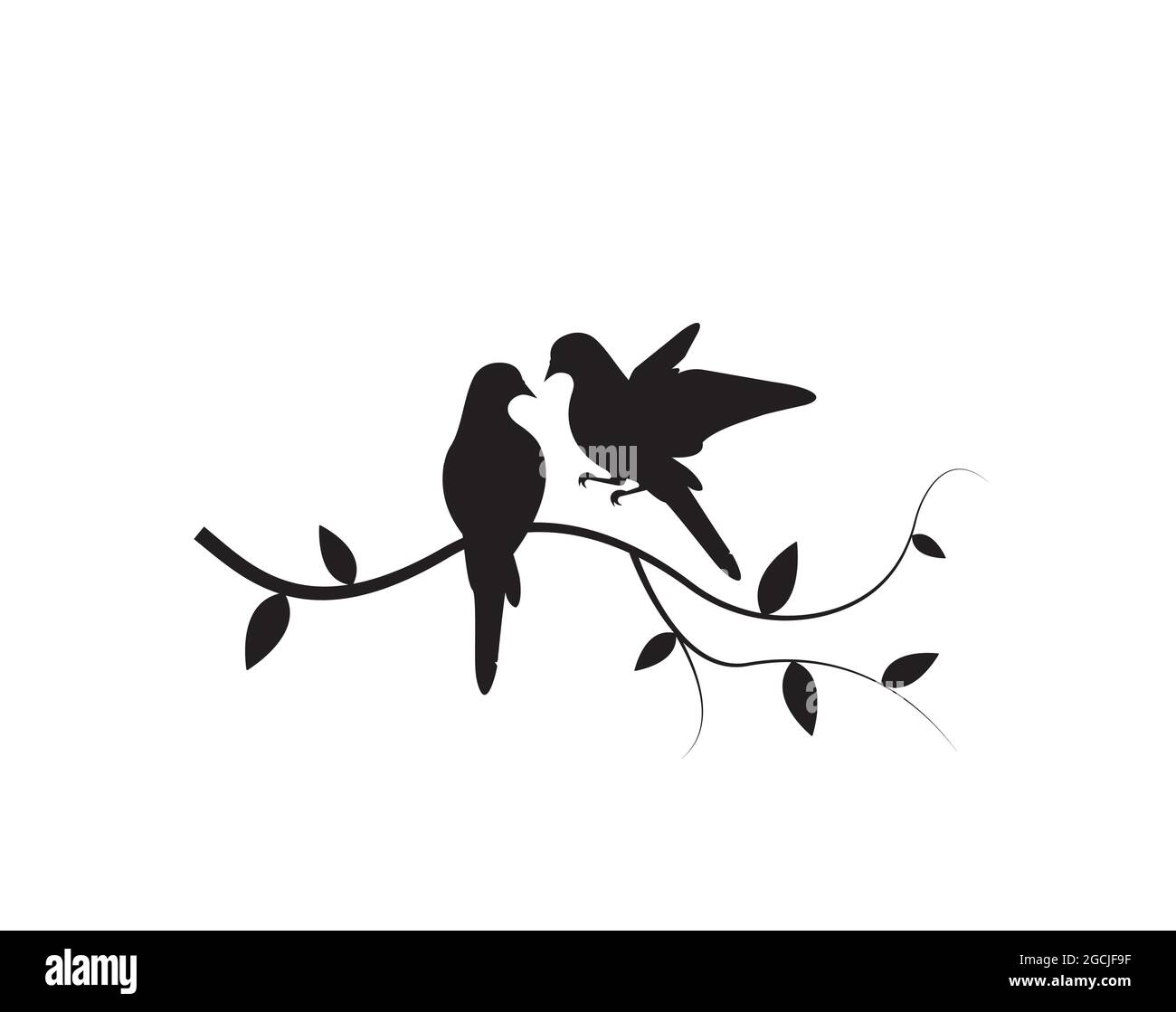 Las aves se unen en rama, vector. Siluetas de pájaros en amor, ilustración.  Adhesivos de pared aislados sobre fondo blanco. Arte mural, arte, backgrou  natural Imagen Vector de stock - Alamy